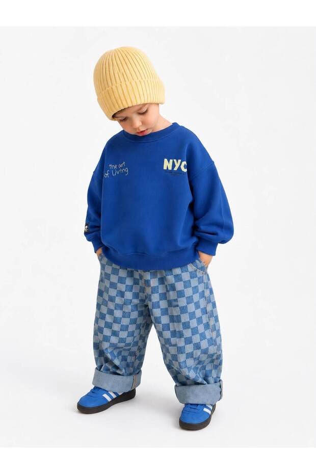 Nyc Check Boys' Set – Blue Sweatshirt & Checkered Jeans