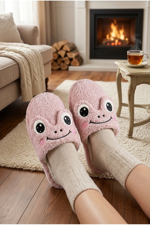 Women's Powder Smiling Frog Design Plush House Slippers - Adorable Soft Winter Indoor Slippers