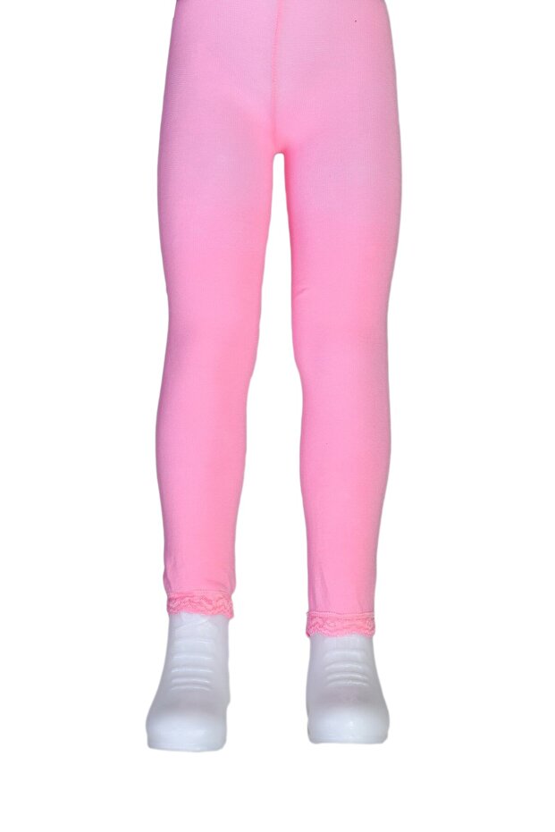 Girl's Cotton Leggings with Ankle Lace - Pink