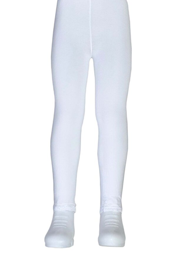 Girl's Cotton Leggings with Ankle Lace - White