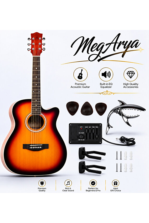 Acoustic Electric Guitar, 6-String Cutaway Guitar with Separate EQ System, Capo, Picks & Wall Hangers, Sunburst