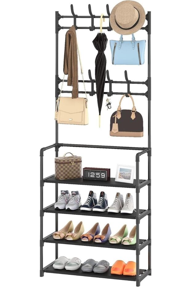 Coat Rack Shoe Bench, 4-Tier Entryway Organizer with 8 Hooks, Multifunctional Hallway Storag