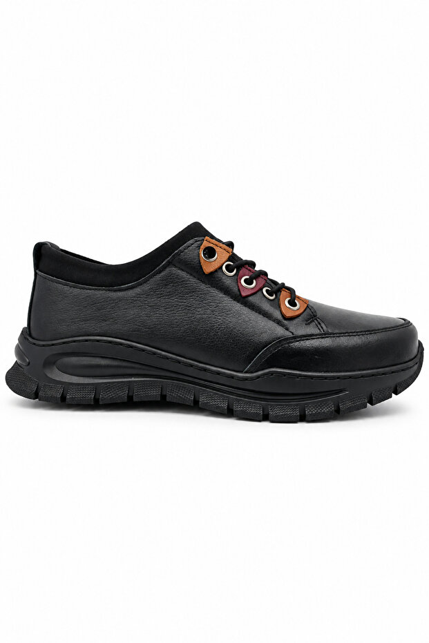 Black 100% Genuine Leather Women's Casual Shoes | Rubber Sole Full Mold | Stretchable Smart Laces Full Orthopedic | Modern Casual Women's Shoe Model for Comfortable Daily Use