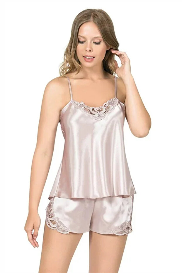 Stylish Design Soft Textured Lace Embroidered Powder Satin Babydoll Shorts Set