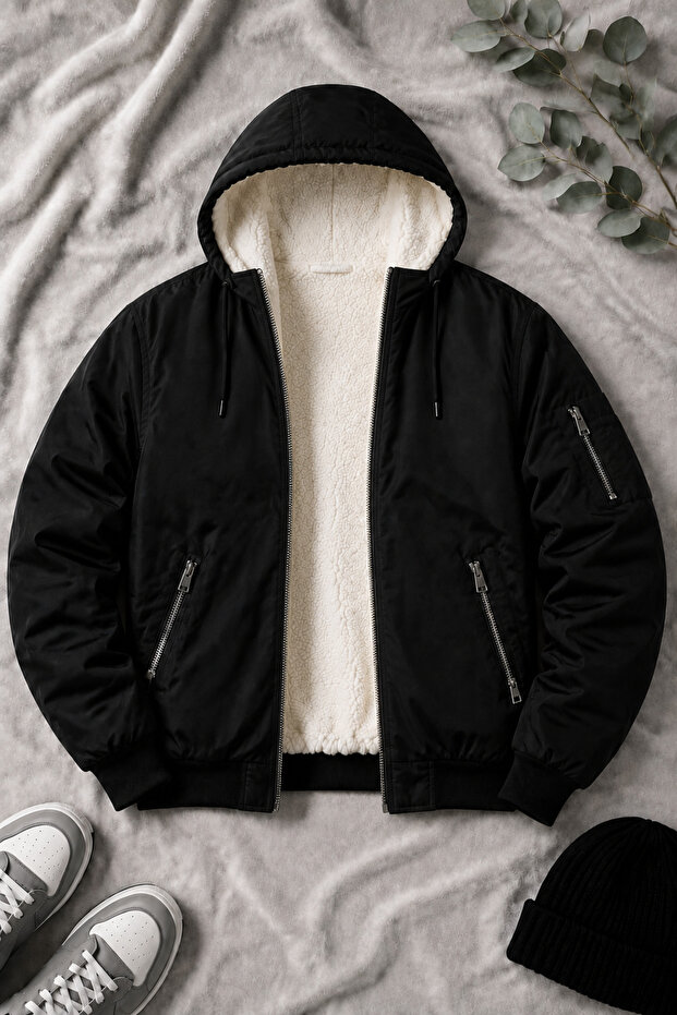 Hooded Zippered Bomber Jacket with Plush Lining Inside