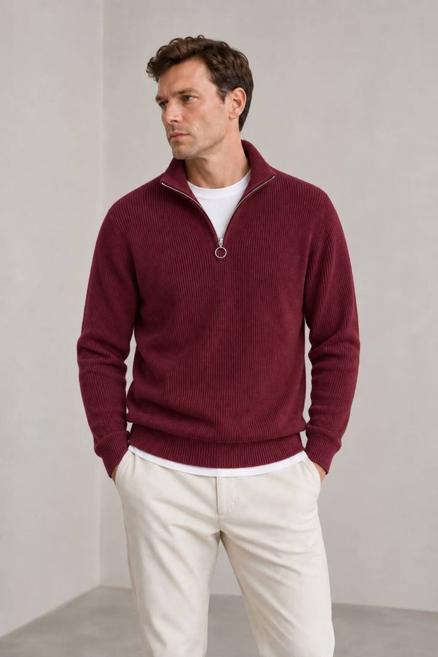 Men's Half Zipper Knitwear Sweater High Collar Ribbed Textured Knit Long Sleeve Regular Fit Premium Stylish Casual Winter Men's Sweater