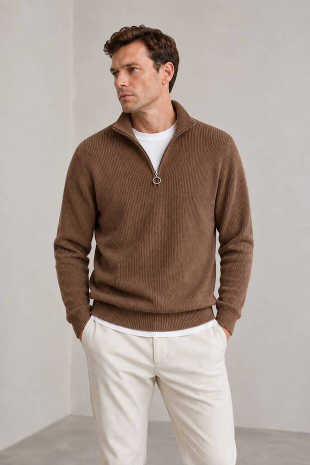 Men's Half Zipper Knitwear Sweater High Collar Ribbed Textured Knit Long Sleeve Regular Fit Premium Stylish Casual Winter Men's Sweater