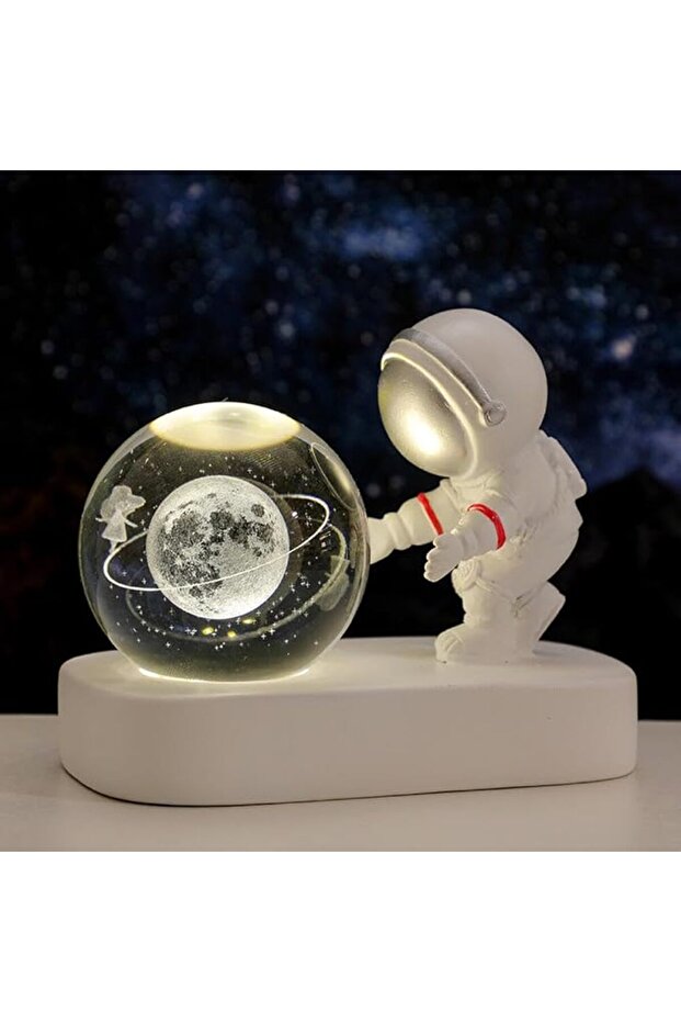3D Crystal Ball Night Light With LED Base - Astronaut Design Planet Nightlight, Clear Crysta