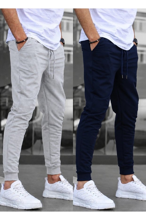 Set of 2 Unisex Regular Fit Ribbed Leg Black, Gray, Navy Blue, Anthracite Color Sweatpants, Sports Sweatpants
