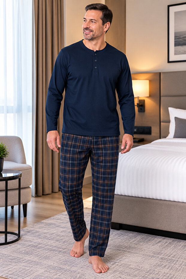 Men's Interlock Comfortable Fit Plaid Round Neck Cotton Pajama Set 6860