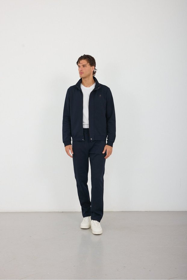 Navy Blue Men's Zippered Snap Fastener Tracksuit Set