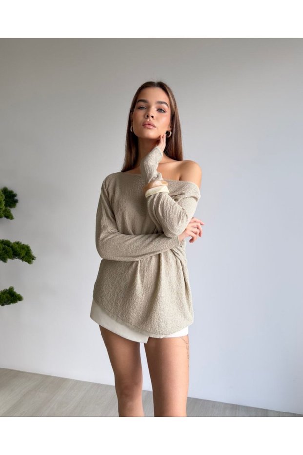 Boat Neck Batwing Sleeve Loose Fit Textured Knitwear Sweater Aw26Kz00068