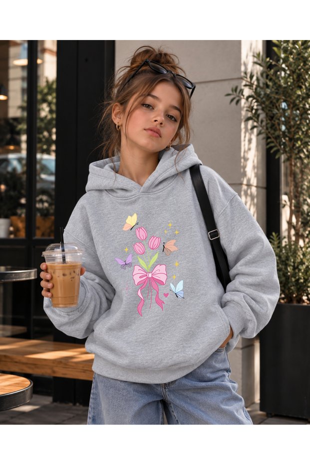 Girl's Hooded Sweatshirt 3 Thread Threaded Winter Printed Hoodie