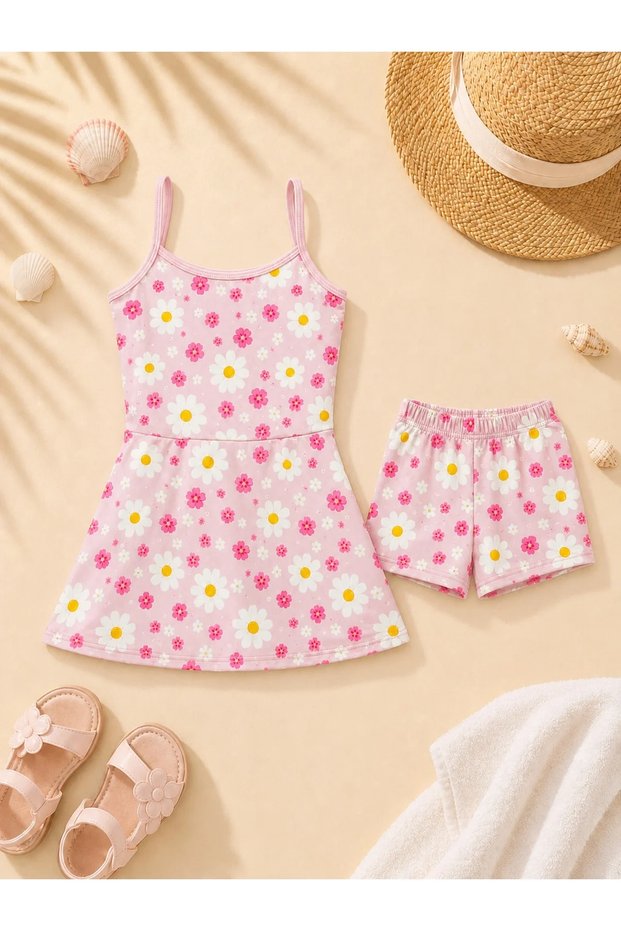 Girl's Pink Daisy Patterned Skirted Swimsuit Set 2 Pieces