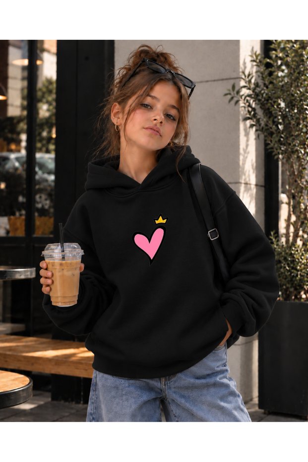 Girl's Hooded Sweatshirt 3 Thread Threaded Winter Printed Hoodie