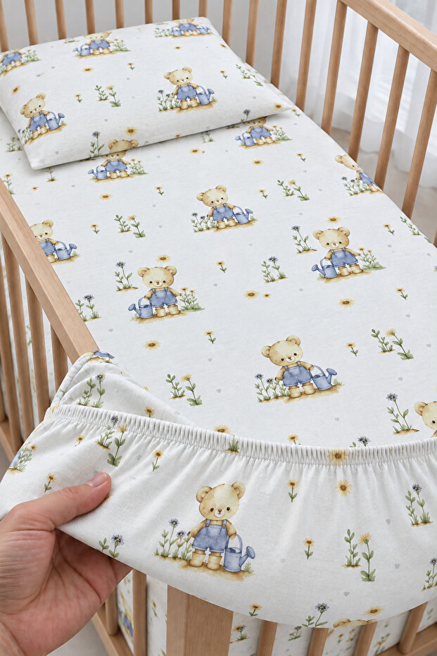 100% Cotton Mother's Side - Park Bed Blue Teddy Bear Baby Elastic Sheet Set - 2 Pillowcases 60X120 / 70X120 / 70X110