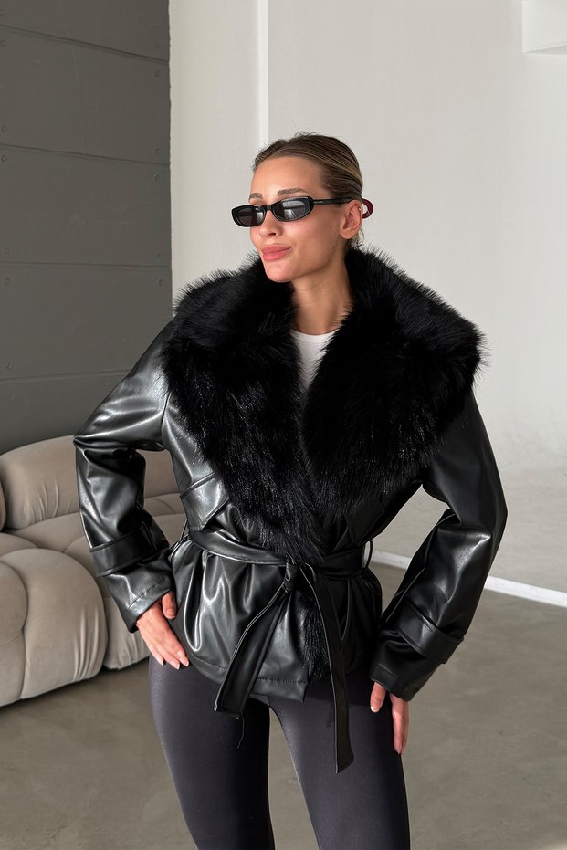 Zr Model Premium Leather Jacket with Fur Collar Women's Leather Coat