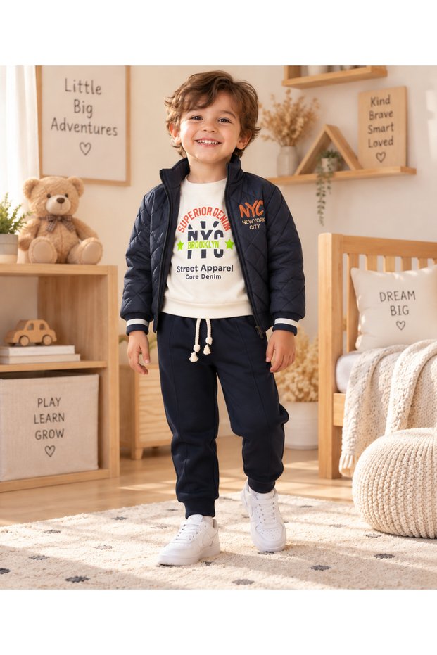 Boy's Nyc Printed Quilted Coat 3-Piece Set