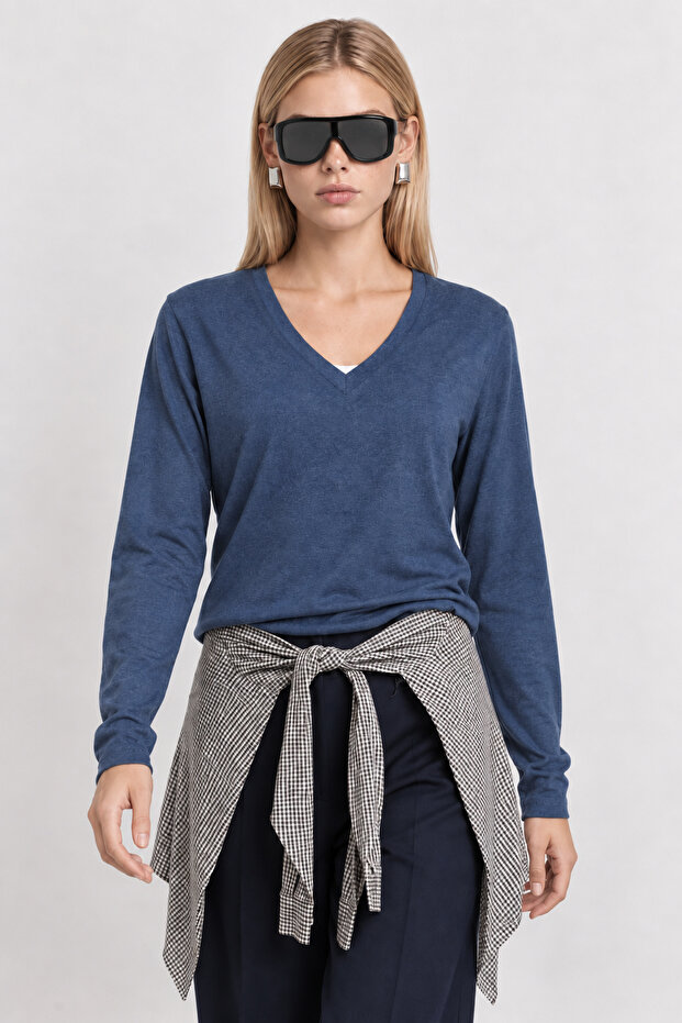 V-Neck Draped Viscose Blouse Lrn0073 Indigo Blue