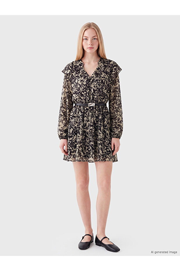 Esvab • Modern & Distinctive Embroidered Belted Ruffle Chiffon Mini Dress