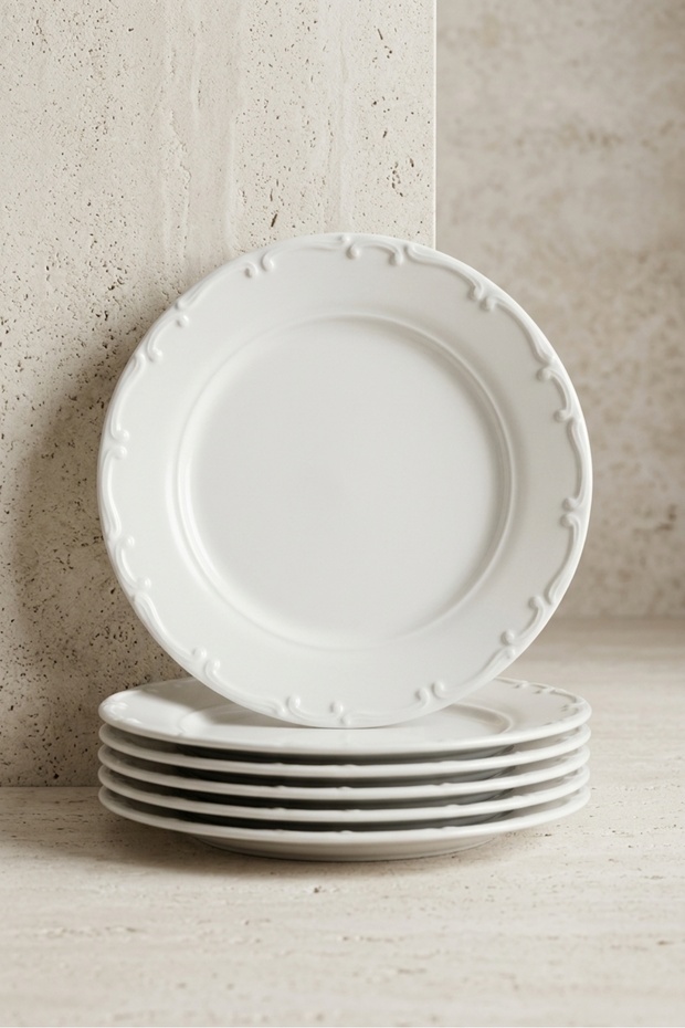 Lianna 6-Person 25 cm Premium Porcelain 6-Piece Serving Plate Set Off-White Light Cream