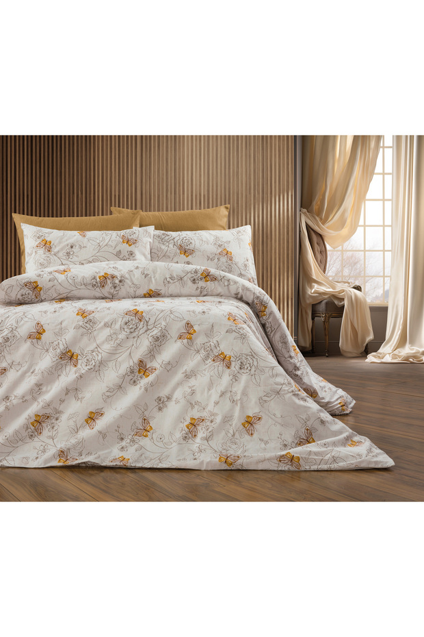 Butterfly Patterned Double Duvet Cover Set with Elastic Sheets Butterfly Mustard
