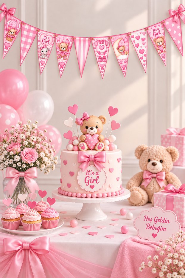 Baby Shower Baby Girl 10-Piece Streamer Set – Pink Teddy Bear Themed Party Decoration – 12X14 cm
