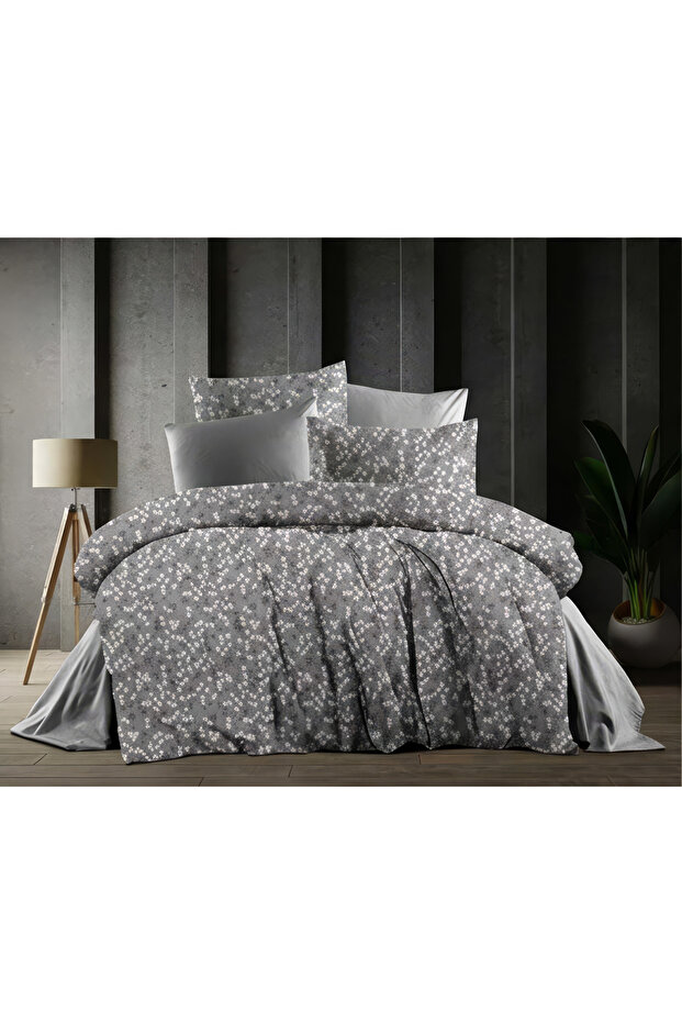 Premium Double Duvet Cover Set with Floral Pattern Elastic Sheets, 6 Pieces, Gray, with Gift Box