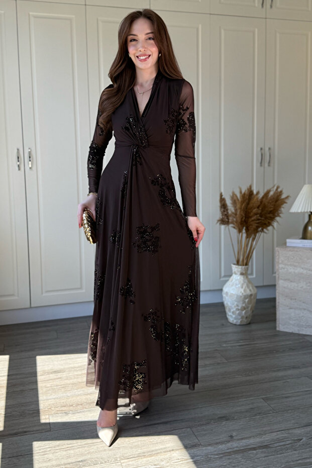 Double-Breasted Collar Patterned Glittery Maxi Tulle Brown Dress