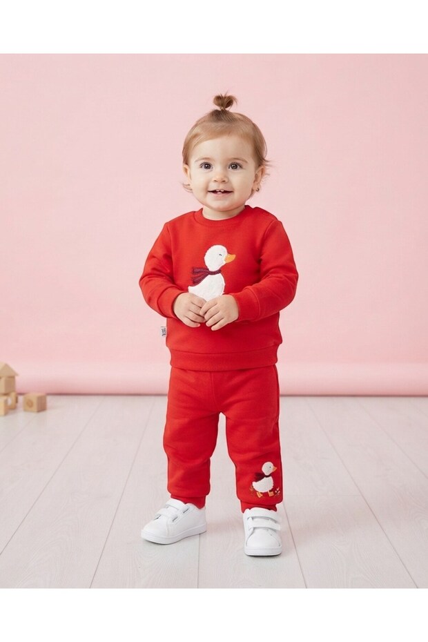 Baby Girl Winter 3 Thread Threaded Duck Embroidery Set 6-9-12-18-24 Months 2-Piece Top and Bottom Set