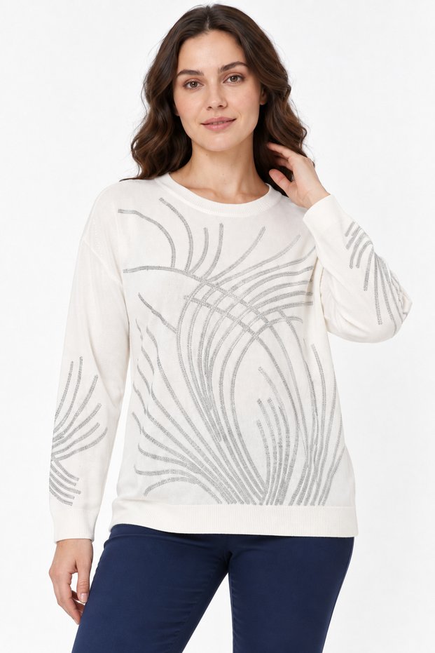 Women's Long Sleeve Knitwear Blouse with Stone Print on Front and Sleeves