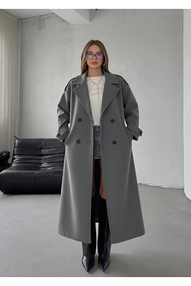 Buttoned Belted Lined Long Cashmere Coat