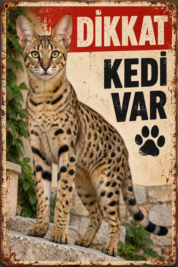 Savannah Cat Caution Cat Is Present Retro Metal Wall Sign Decorative Plate 20X30Cm