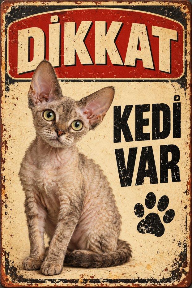 Devon Rex Caution Cat Present Retro Metal Wall Sign Decorative Cat Sign 20X30Cm
