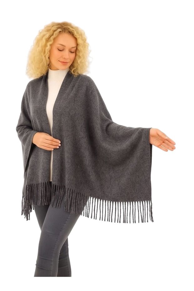 1 Piece Women's Extra Soft Textured Tassel Detailed Winter Scarf Shoulder Shawl Anthracite Suitable for Large Sizes