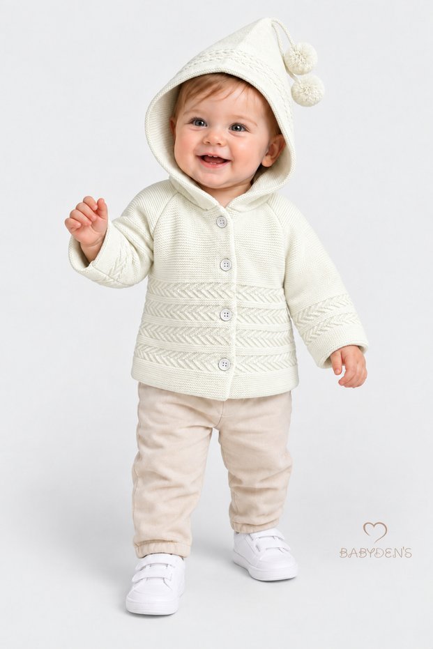 Hooded Pompom Knitted Baby Cardigan Buttoned Patterned Knitwear Jacket Autumn Winter Baby Cardigan 9-12 Months