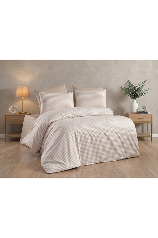 Plaid Pattern Elastic Sheet Double Premium Duvet Cover Set Cream