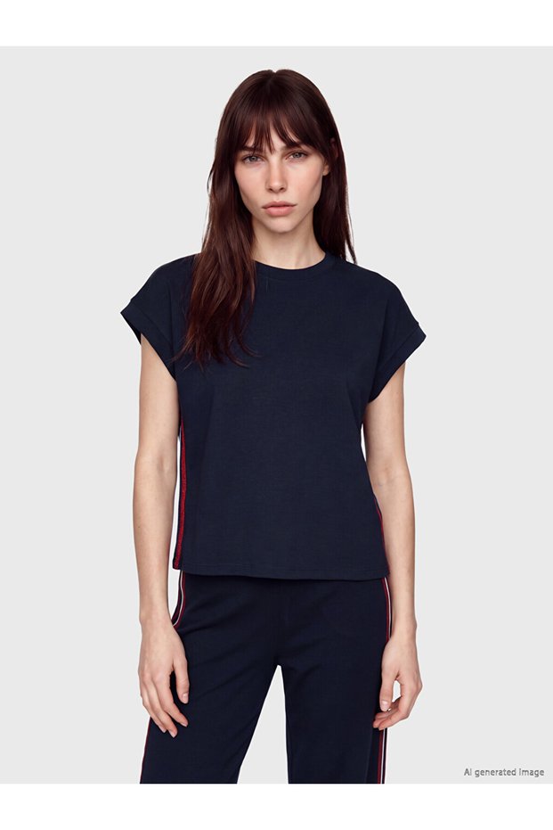 Vizyon New Season Navy Blue Stripe Detailed Soft Touch Oversize Women's T-Shirt