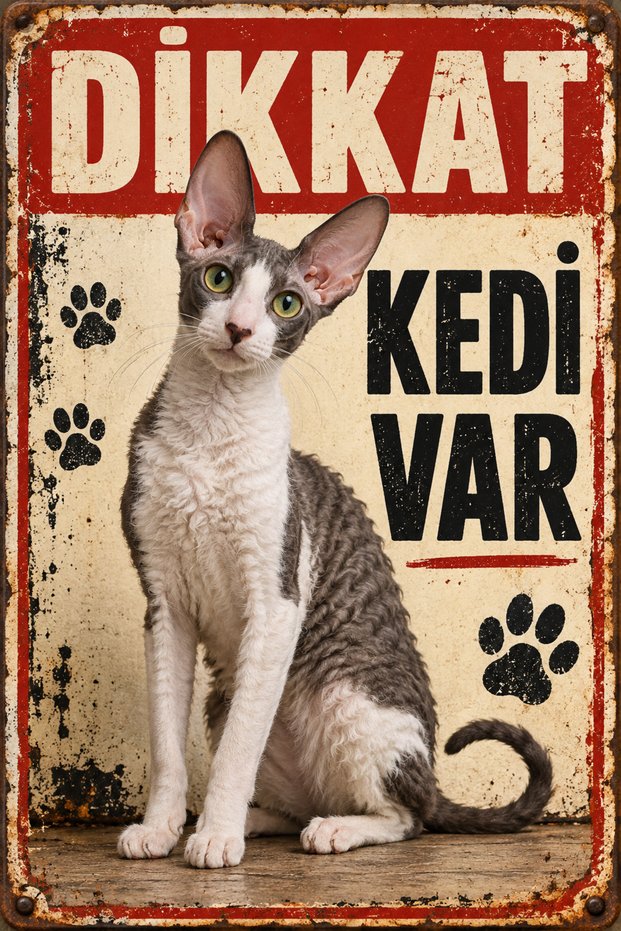 Cornish Rex Caution There Is a Cat Retro Metal Wall Sign Decorative Cat Sign 20X30Cm