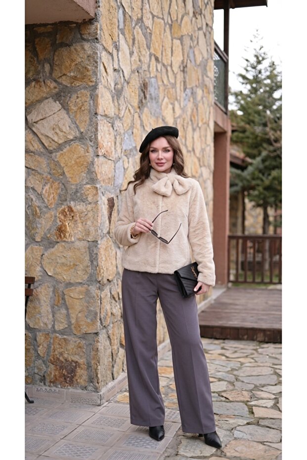 Women's Hanım Hanımcık Bow Collar Detailed Lined Fox Jacket