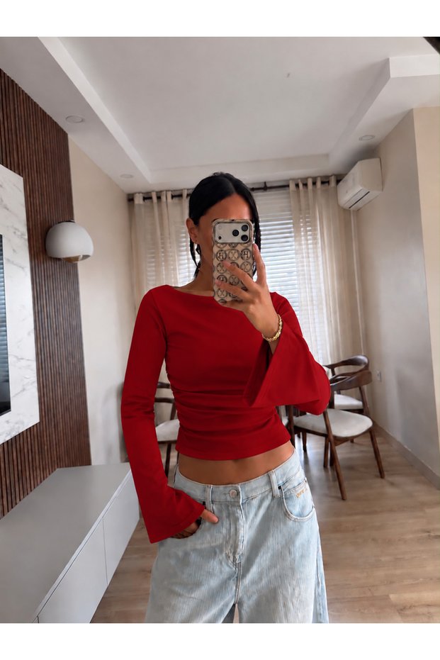 Women's Burgundy Boat Neck Spanish Sleeve Waist Detail Premium Softouch Crop Blouse Mml3000