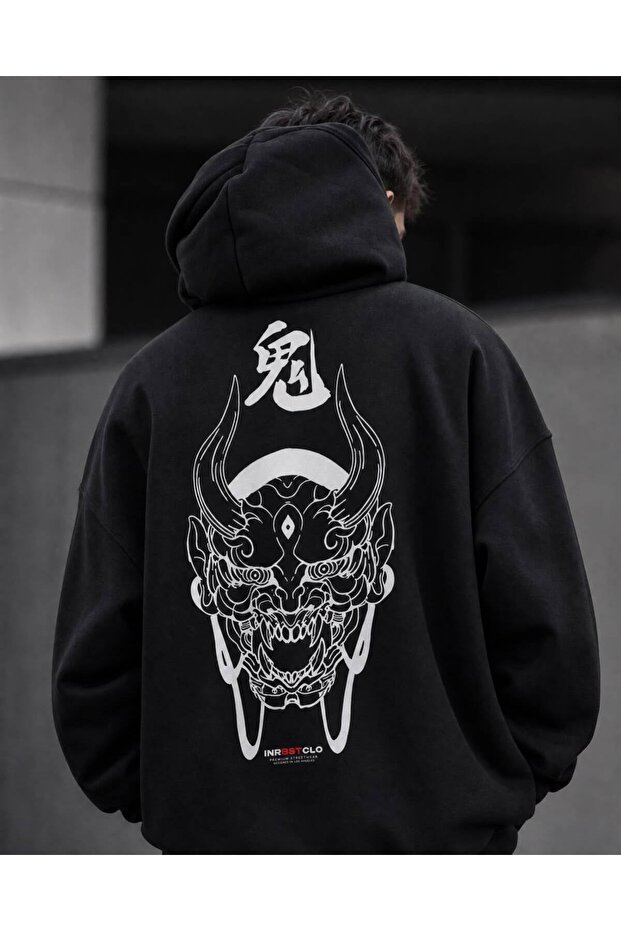 Black Unisex Oversize 3 Thread Raster Printed Hooded Sweatshirt with Kangaroo Pocket