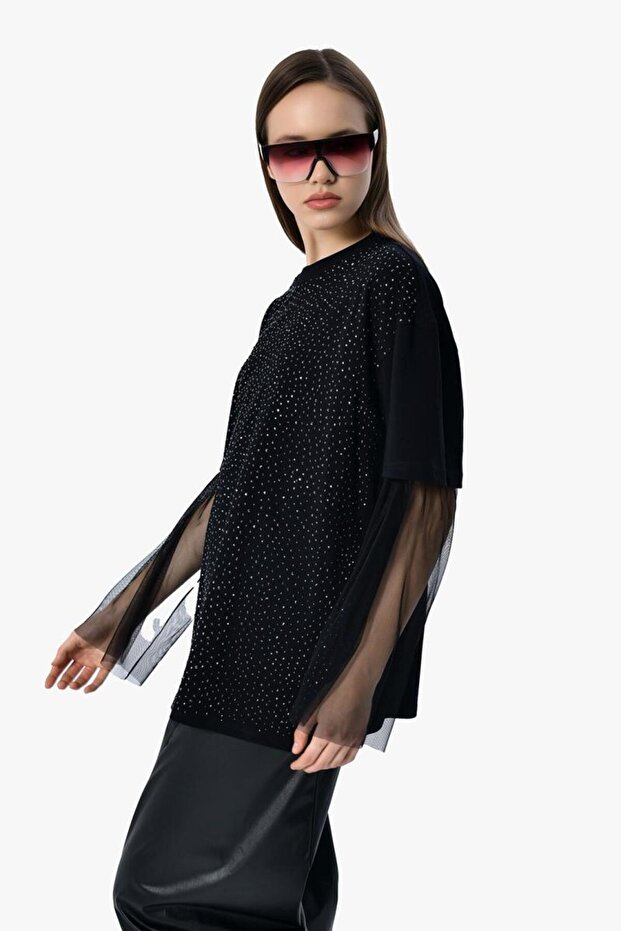 Stoned Mesh Sleeve Detail Design Blouse