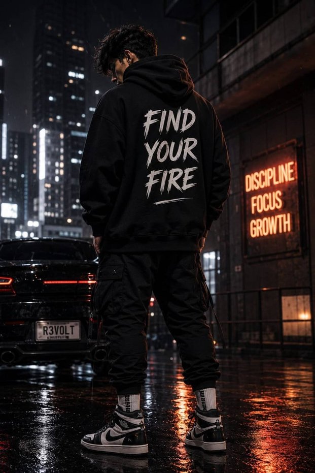 Black Unisex Oversize 3 Thread Raster Printed Hooded Sweatshirt with Kangaroo Pocket
