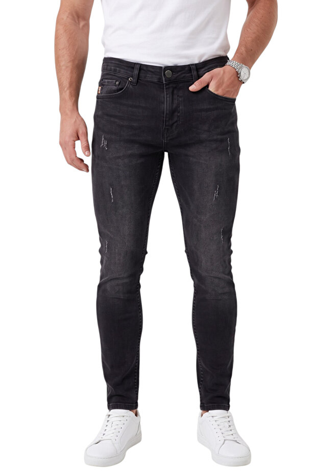 Men's Slim Fit 98% Cotton Lycra Stonewashed Distressed Detail Black Jeans 2600041