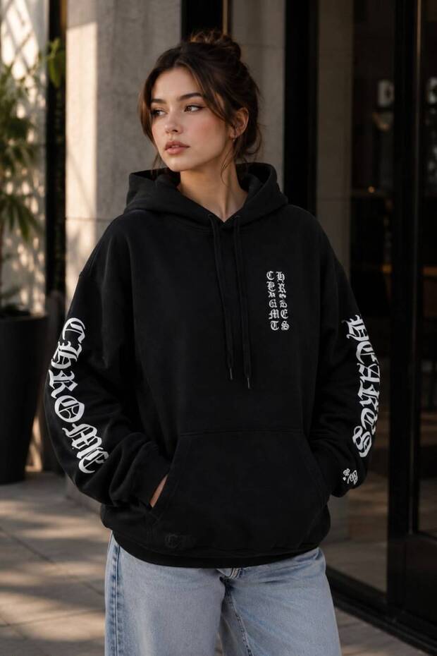 Black Unisex Oversize 3 Thread Raster Printed Hooded Sweatshirt with Kangaroo Pocket
