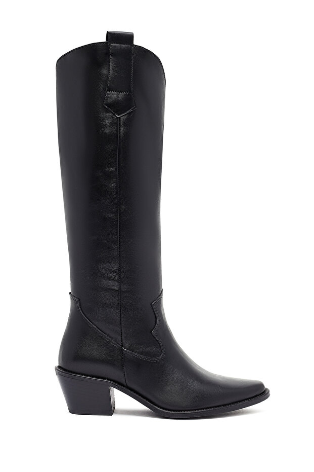 Women's Black Thick Heeled Leather Cowboy Boots Af170005Dv