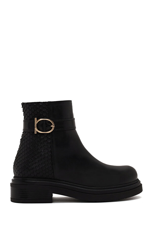 Women's Black Zippered Printed Leather Boots Wf190050Dk