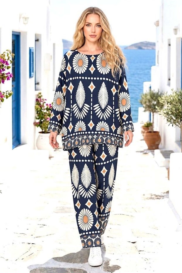 Navy Blue Ethnic Patterned Pants and Blouse Set