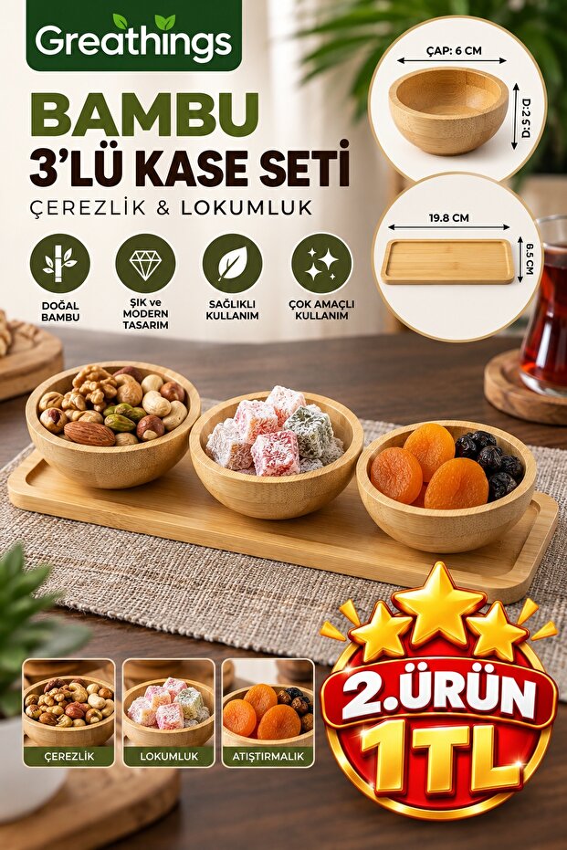 3-Piece Wooden Bamboo Snack Bowl Set with Tray 6 cm